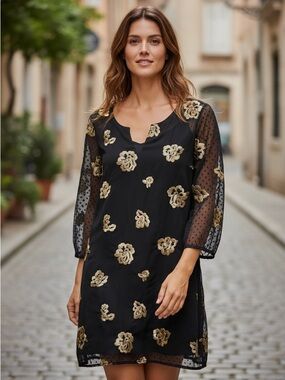 CAbi Style 3697 Occasion Dress in Swiss Dot Gold Embroidered Floral Dress Sz S